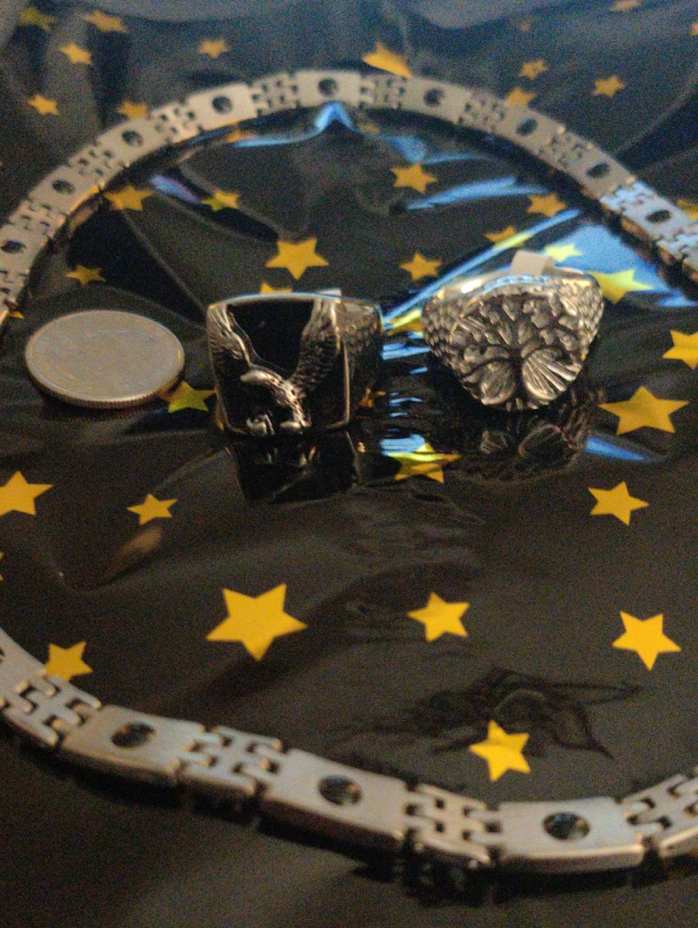 Men's Size 12 Silver Eagle & Tree Of Life Rings with Stainless And Black Chain